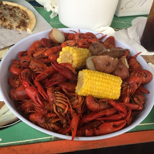A large bowl filled with boiled crawfish, corn on the cob, and potatoes, served on a colorful table.