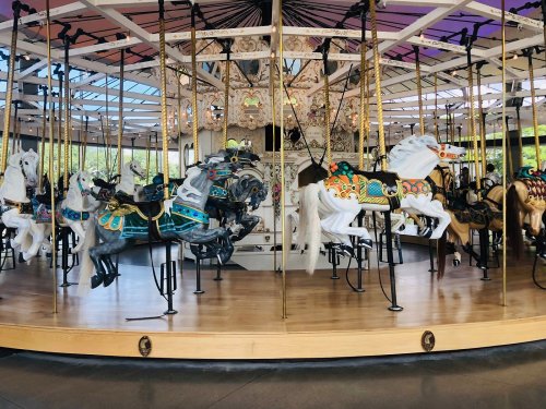 A colorful carousel featuring intricately designed horses on a wooden platform, set under a bright canopy.