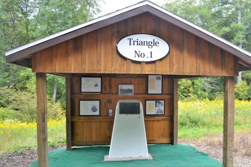 A wooden shelter labeled "Triangle No. 1" with informational panels, set in a grassy area surrounded by trees.