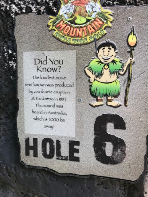 Sign for Hole 6 at a mini-golf course, featuring a cartoon character and a fun fact about the Krakatoa eruption.