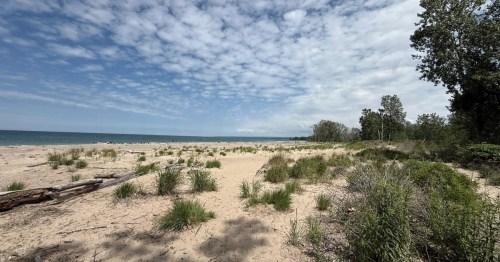 a wide sandy beach along lake erie at presque isle state park, pennsylvania