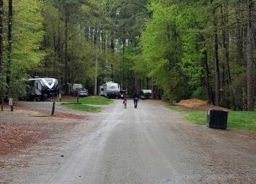 Two people walk down a gravel road in a wooded area, with RVs parked along the sides. Lush green trees surround them.