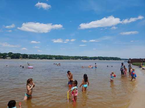 Children playing in shallow water at a beach on a sunny day, with people swimming and enjoying the outdoors.