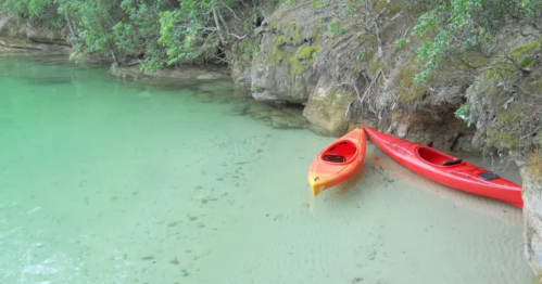Two kayaks, one red and one orange, are moored by a clear, greenish-blue water surrounded by lush greenery.