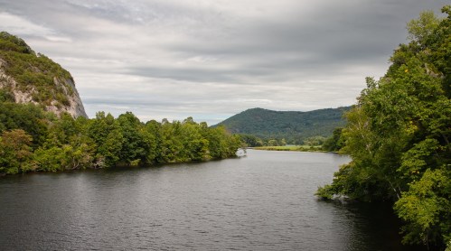 A serene river flows between lush green trees and rolling hills under a cloudy sky.