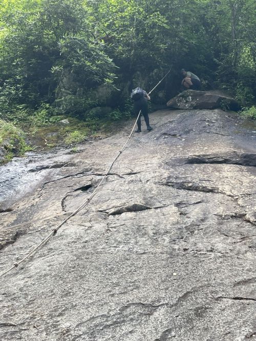 Two people climbing a rocky slope, one using a rope for support, surrounded by greenery.