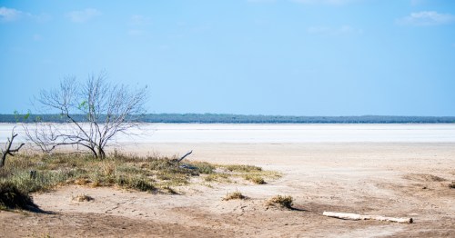 Famous salt lake in Texas under a blue sky.