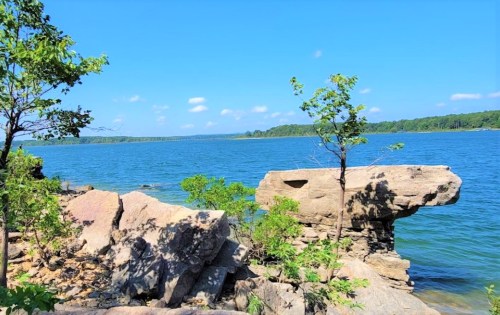 A rocky shoreline with trees, overlooking a calm blue lake under a clear sky.