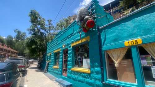 A bright turquoise building with a large fly sculpture on the roof, surrounded by trees and parked cars.