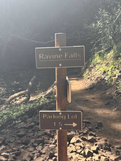 Signpost indicating directions to Ravine Falls and a parking lot 1.5 miles away, surrounded by greenery.