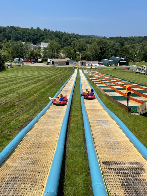 Two people on inflatable tubes slide down a grassy slope, with a clear blue sky and trees in the background.