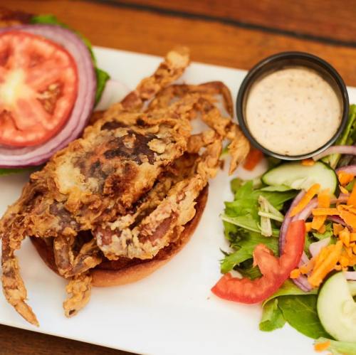 A plate featuring a fried soft-shell crab sandwich, fresh salad, and a dipping sauce on the side.