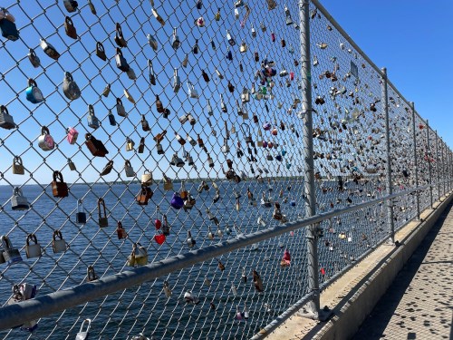 A chain-link fence adorned with numerous colorful padlocks overlooking a body of water under a clear blue sky.