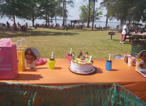 A birthday table with a cake, colorful decorations, and gifts, set in a park by a lake with people in the background.