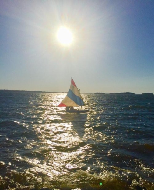 A small sailboat with a colorful sail glides across shimmering water under a bright sun.