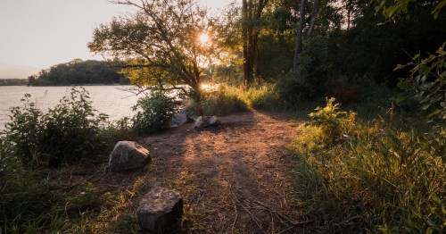 Golden sun rays shining through trees along a lakeside dirt hiking trail at sunset in Kansas.