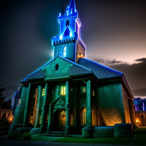 A dramatic castle illuminated with blue lights at night, featuring tall spires and a stone facade.
