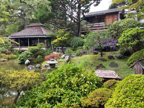 A serene garden with lush greenery, a pond, and traditional Japanese architecture in the background.