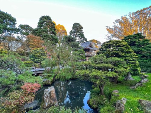 A serene garden scene featuring lush greenery, a pond, and a traditional building in the background.
