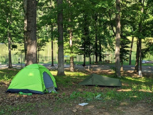 Two tents set up in a wooded area near a calm lake, surrounded by trees and greenery.