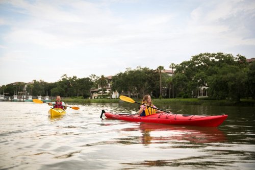 Two people kayaking on a calm river, one in a red kayak and the other in a yellow kayak, surrounded by greenery.