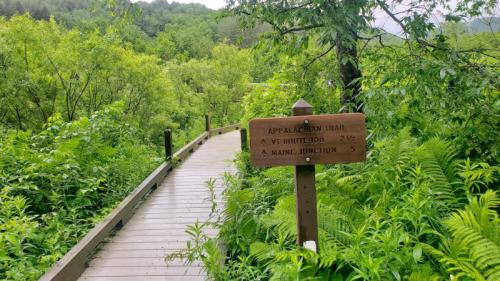 A wooden sign marks the Appalachian Trail, surrounded by lush greenery and a wooden pathway leading into the forest.