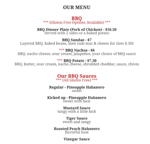 Menu featuring BBQ options, including plates, nachos, and potatoes, with various sauces listed. Prices included.