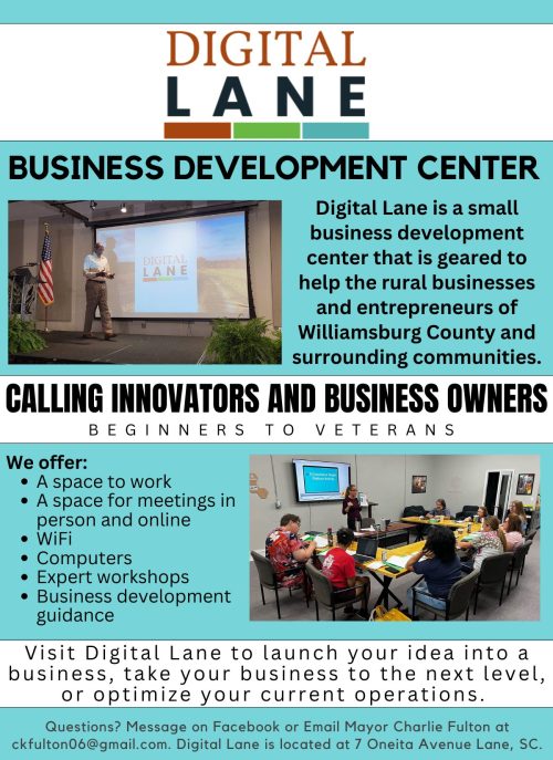 A flyer for Digital Lane, a business development center offering resources for entrepreneurs in Williamsburg County, SC.