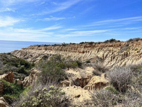 A coastal landscape featuring rugged cliffs, sparse vegetation, and a clear blue sky above the ocean.
