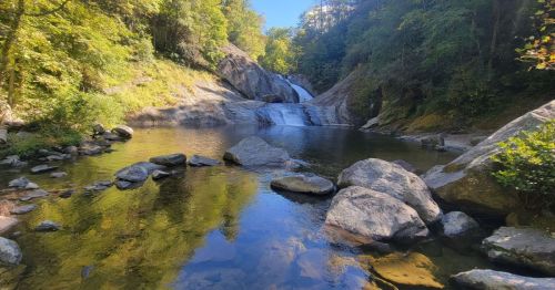 A serene waterfall cascades into a calm pool, surrounded by lush greenery and rocky terrain under a clear blue sky.