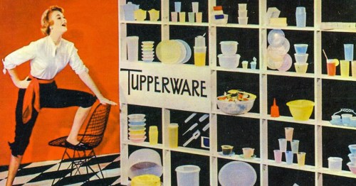 A vintage advertisement featuring a woman posing with Tupperware products displayed on a colorful shelf.