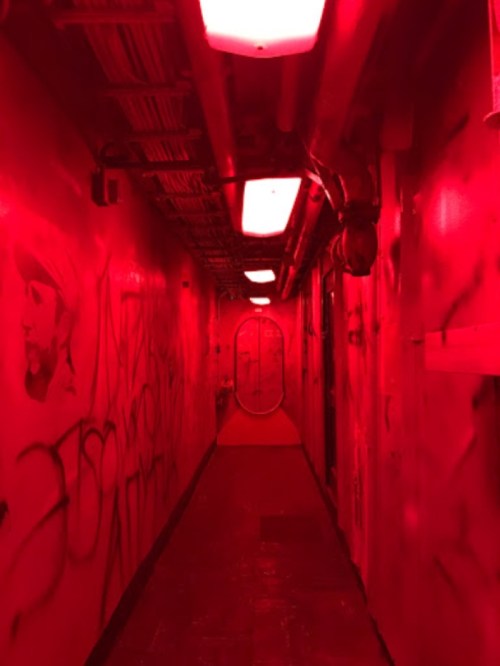 A dimly lit hallway with red lighting and graffiti on the walls, leading to a door at the end.