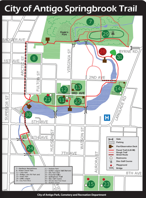 Map of the City of Antigo Springbrook Trail, showing trails, parks, and points of interest with numbered markers.