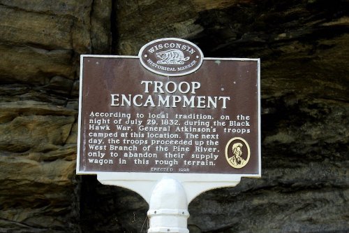 Historical marker detailing a troop encampment during the Black Hawk War on July 29, 1832, in Wisconsin.
