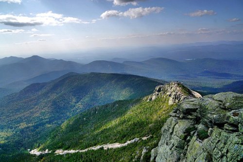 A panoramic view of lush green mountains under a blue sky with scattered clouds, showcasing rugged terrain and distant peaks.