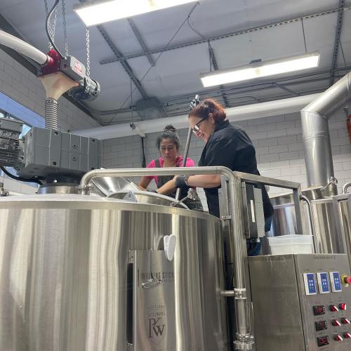 Two women work together in a brewery, using large stainless steel equipment for brewing.