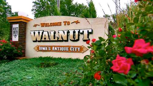 Welcome sign for Walnut, Iowa, known as "Antique City," surrounded by vibrant flowers and greenery.