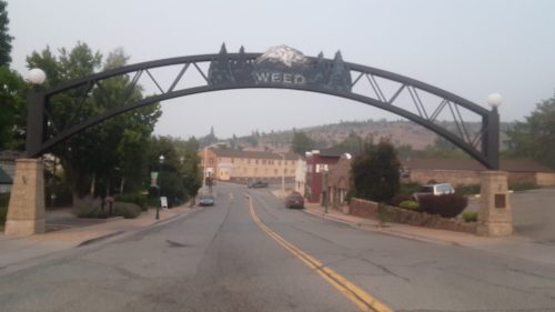 Archway sign reading "Weed" over a quiet street, with buildings and trees in the background on a hazy day.