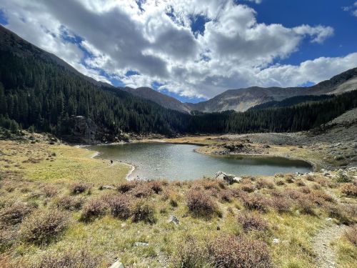 A serene mountain lake surrounded by lush greenery and rocky terrain under a partly cloudy sky.
