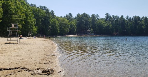 A sandy beach by a calm lake, surrounded by trees, with people enjoying the sun and lifeguard stands in the background.