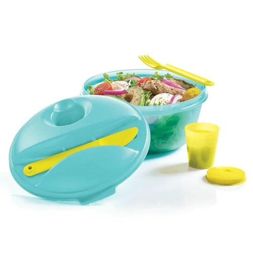 A turquoise salad bowl with a lid, yellow utensils, and a small cup, all on a white background.