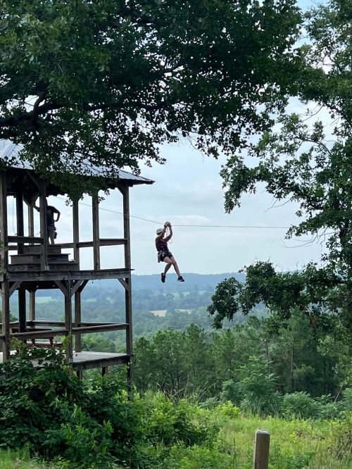 A person zip-lining from a wooden platform, surrounded by trees and a scenic landscape in the background.