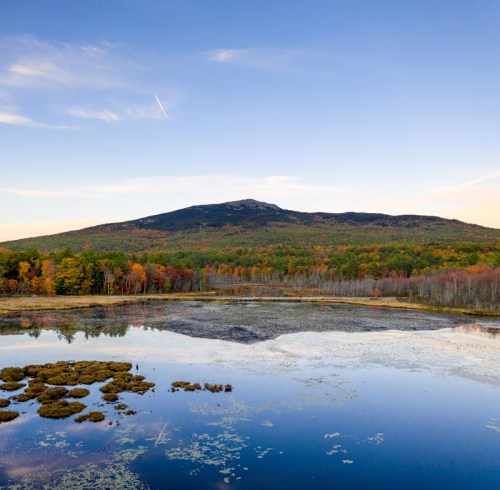 A serene landscape featuring a mountain reflected in a calm lake, surrounded by colorful autumn foliage.