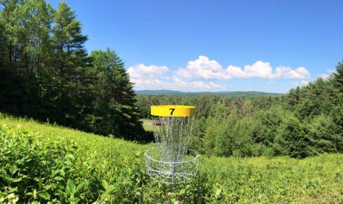 A disc golf basket marked "7" sits on a hillside, surrounded by lush greenery and a clear blue sky.