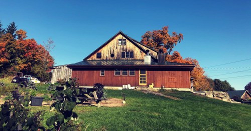 A rustic wooden house surrounded by colorful autumn trees and a green lawn under a clear blue sky.