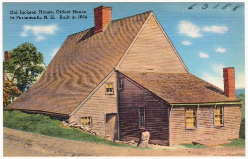 Postcard of the Old Jackson House in Portsmouth, NH, built in 1664, showcasing its historic architecture.