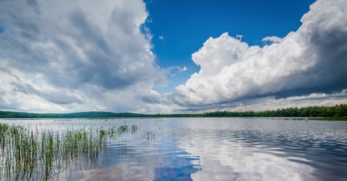 A serene lake under a blue sky with fluffy clouds, surrounded by lush greenery and gentle ripples on the water's surface.