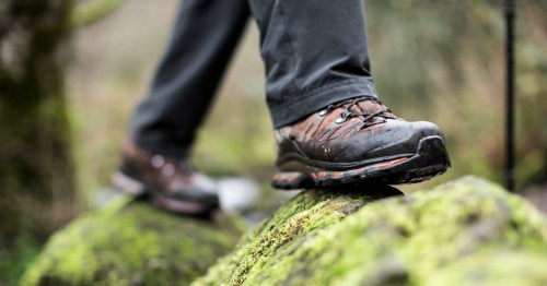 A close-up of a hiker's shoe stepping on a moss-covered rock in a natural setting.