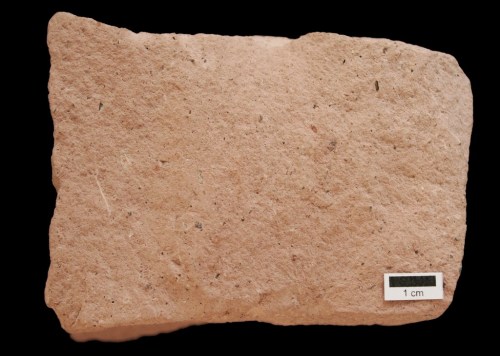A flat, rectangular piece of light-colored stone with a rough texture, next to a scale bar marked 1 cm.