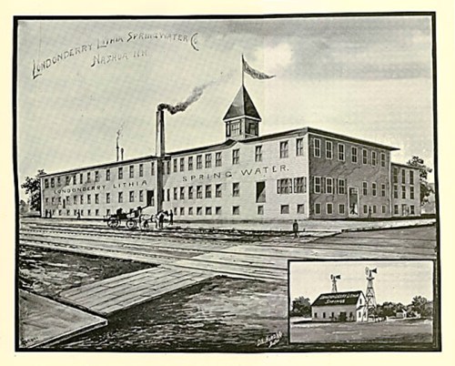 Historic illustration of the Londonderry Lithia Spring Water building, featuring a horse-drawn carriage and smokestacks.